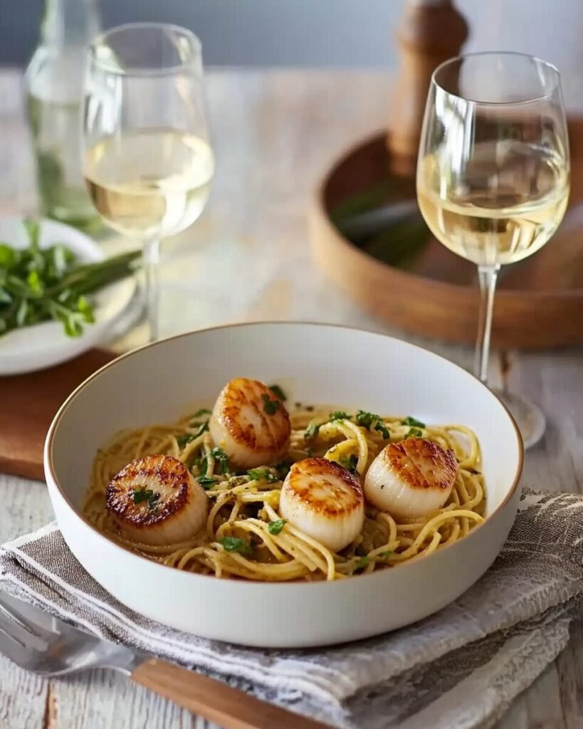 White Wine-Garlic Pasta with Scallops