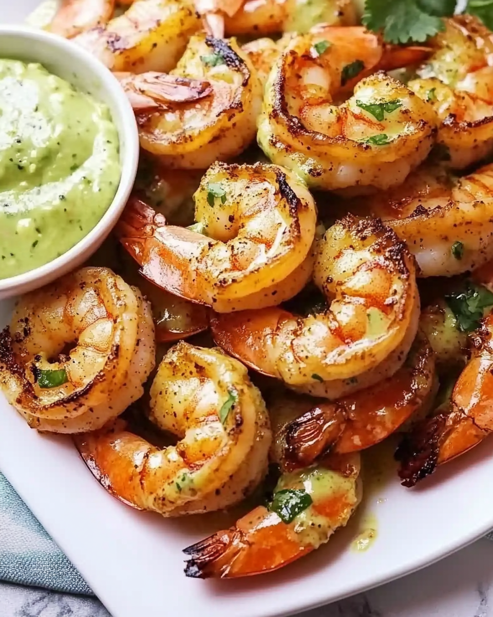 Grilled Spicy Lime Shrimp with Creamy Avocado Cilantro Sauce