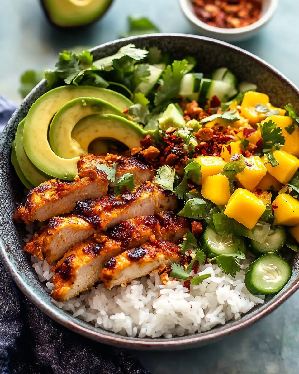 Chili Crisp Chicken Mango Cucumber Rice Bowl