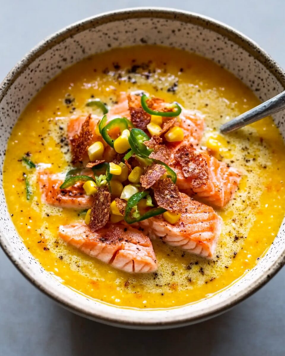 Corn Gazpacho with Salmon & Crispy Rice