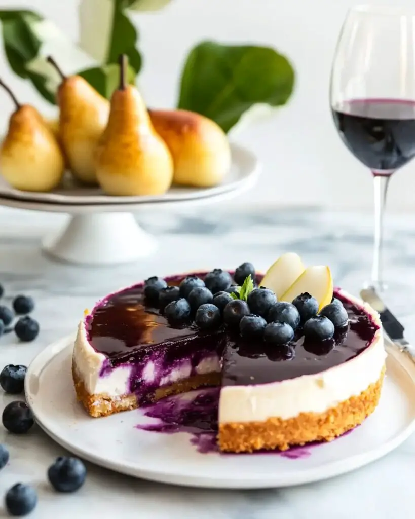 Homemade Cheesecake with Riesling Blueberry Pear Glaze