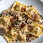 Bacon and Ricotta Ravioli in a Creamy Mushroom Sauce