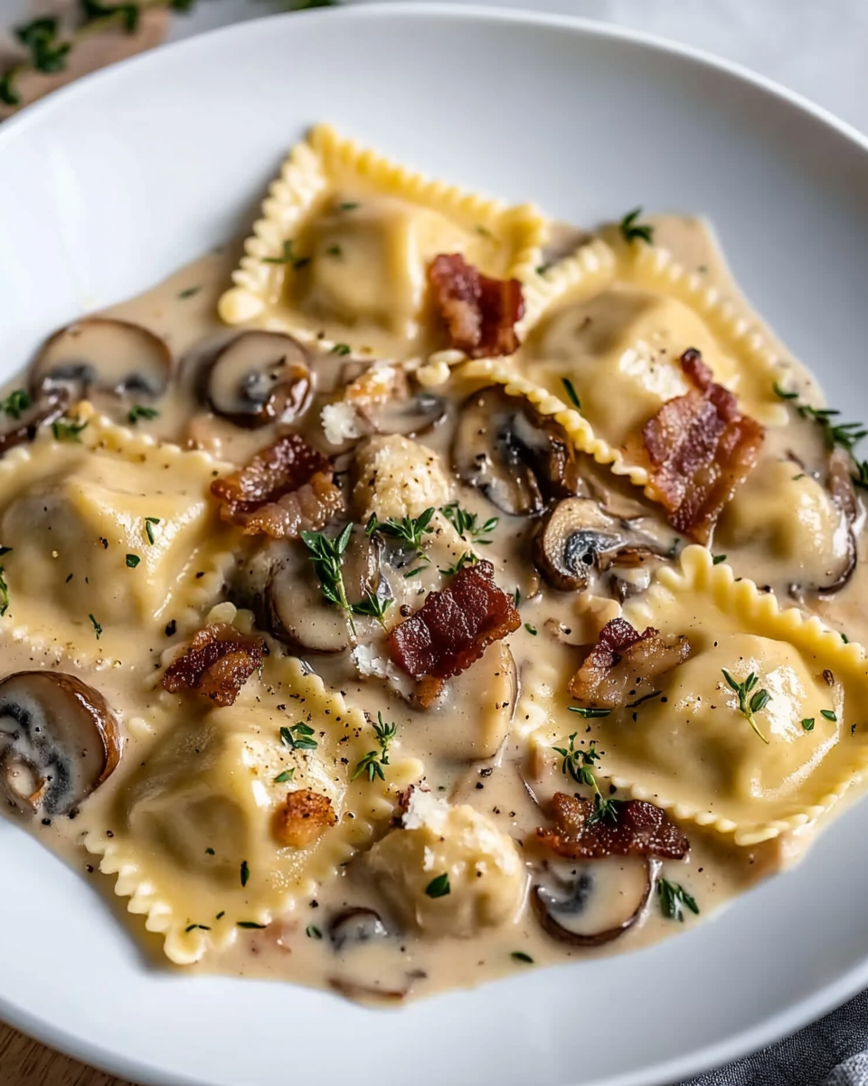 Bacon and Ricotta Ravioli in a Creamy Mushroom Sauce
