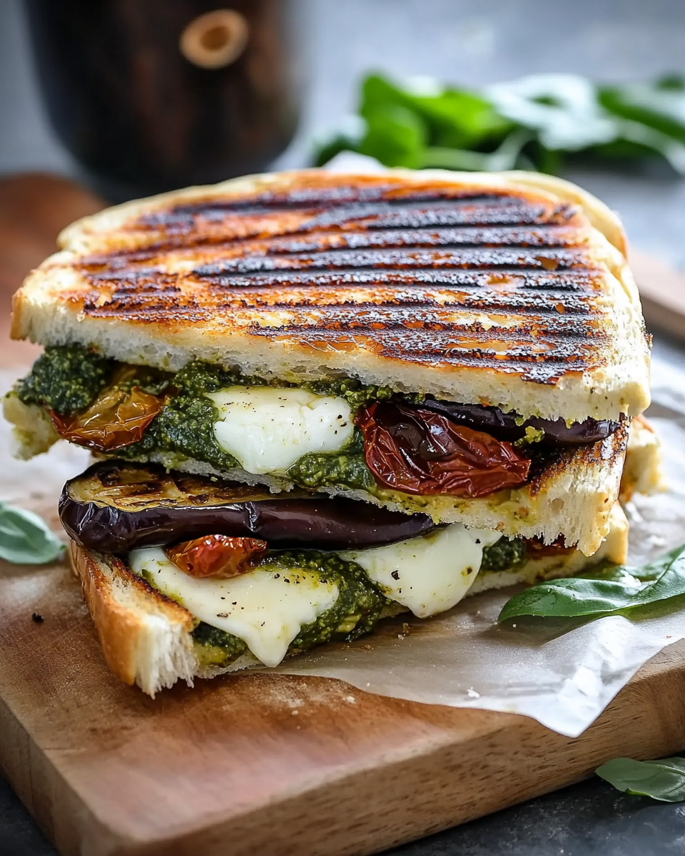 Roasted Eggplant, Pesto, and Bocconcini Panini