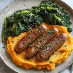 Sausages with Sweet Potato Mash and Wilted Greens
