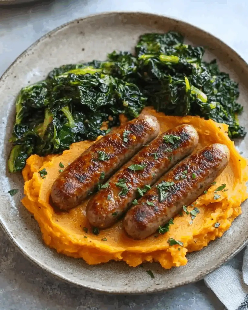 Sausages with Sweet Potato Mash and Wilted Greens