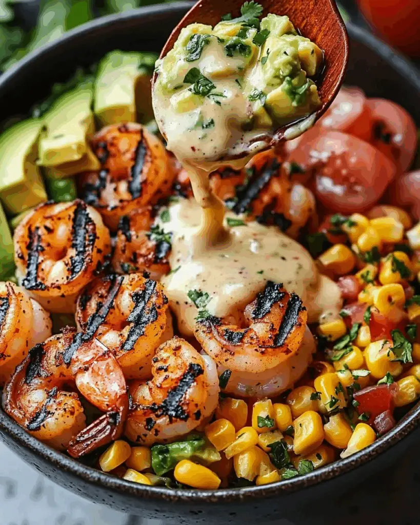 Grilled Shrimp Bowl with Avocado Corn Salsa and Creamy Sauce