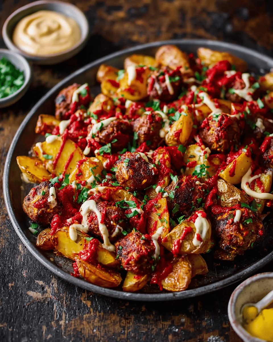 Meatballs and Patatas Bravas Traybake