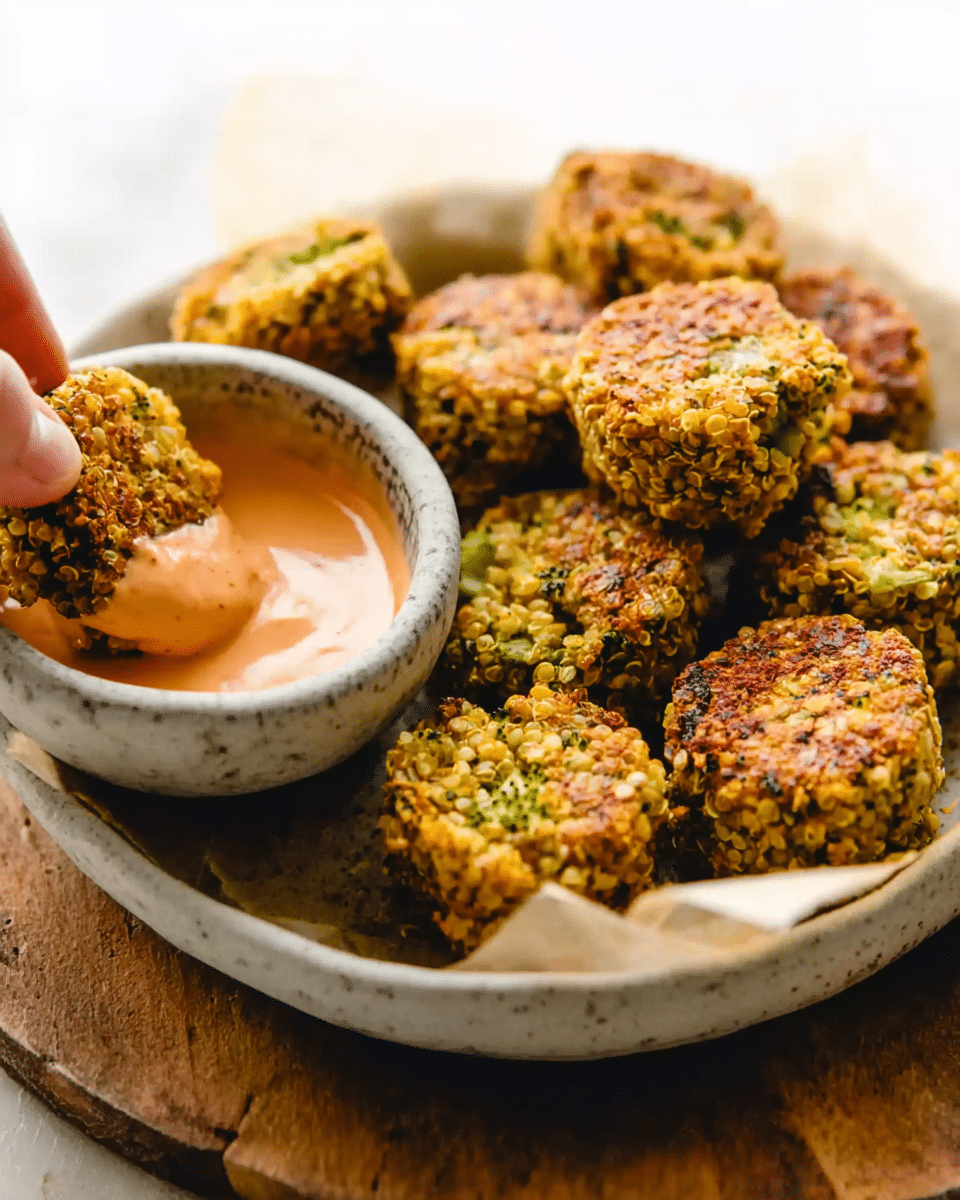 Vegan Cheesy Broccoli Quinoa Bites with Sriracha Aioli