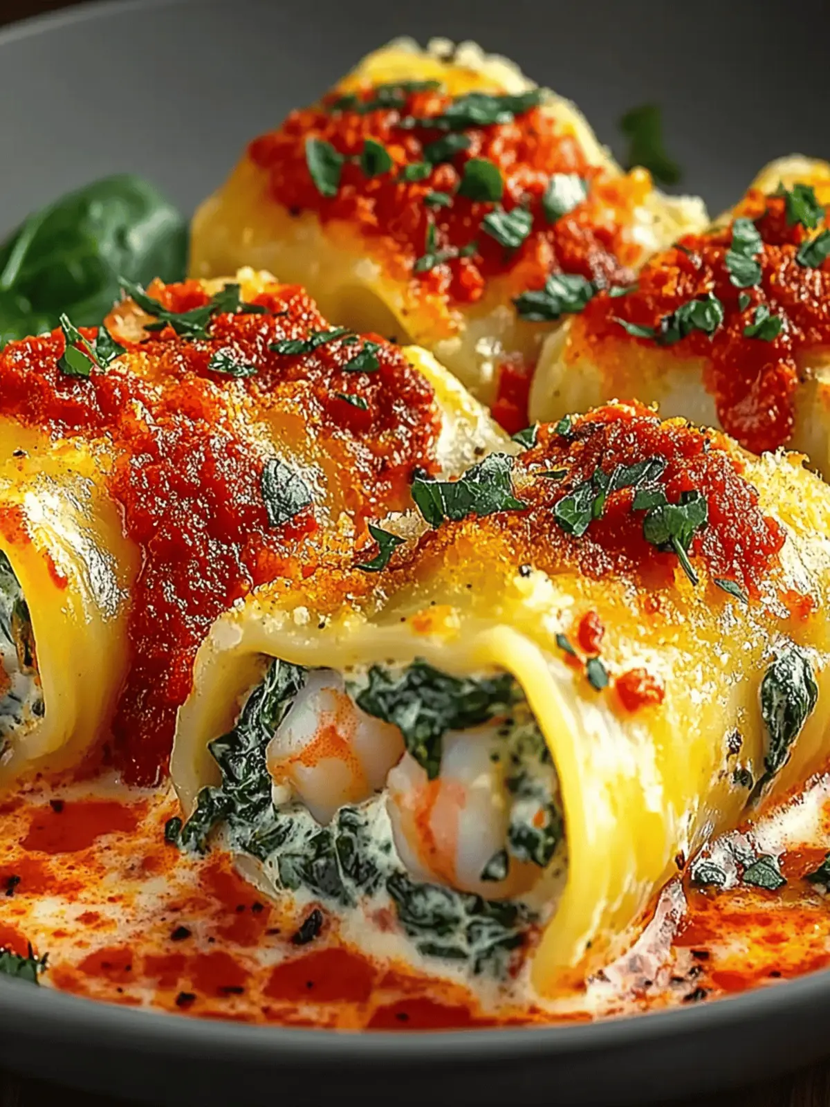 Shrimp & Spinach Stuffed Pasta Rolls with Roasted Red Pepper Cream