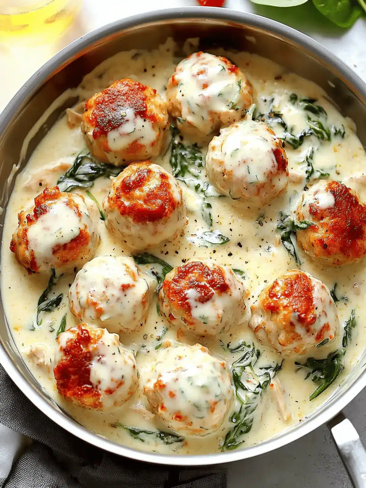 Baked Chicken Ricotta Meatballs with Spinach Alfredo Sauce