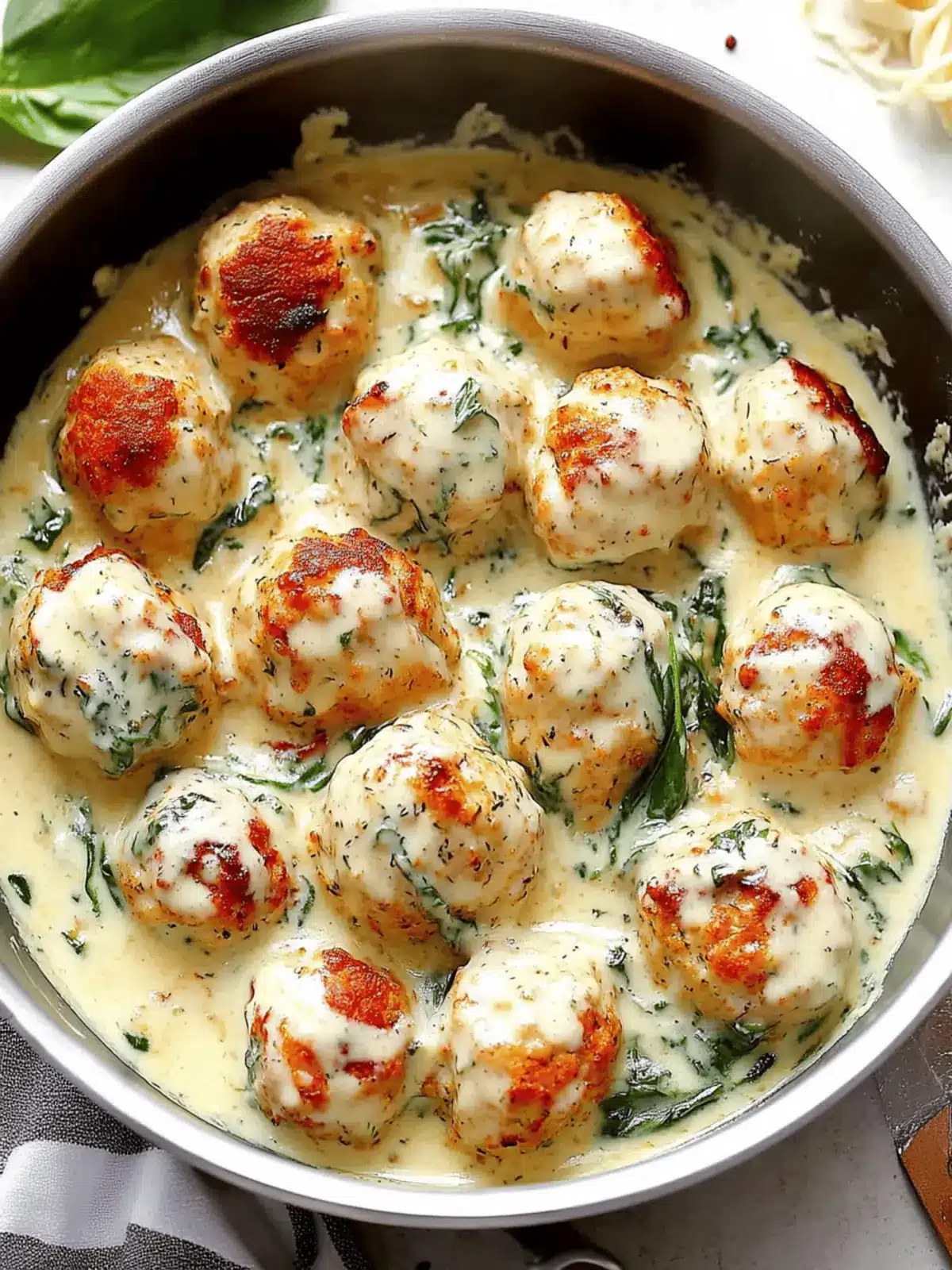 Baked Chicken Ricotta Meatballs with Spinach Alfredo Sauce