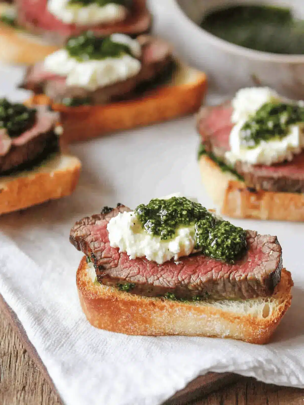 Beef Tenderloin Crostini with Whipped Goat Cheese and Pesto