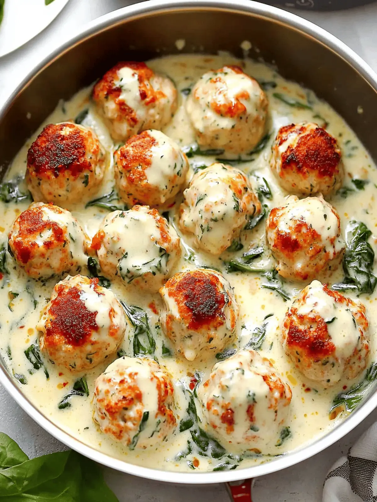 Baked Chicken Ricotta Meatballs with Spinach Alfredo Sauce