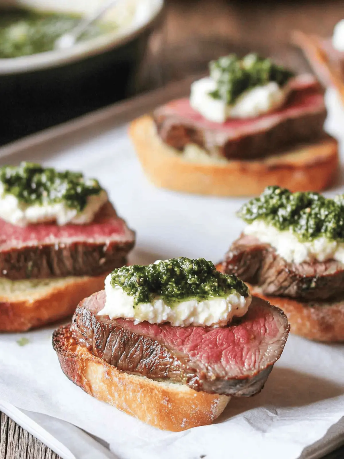 Beef Tenderloin Crostini with Whipped Goat Cheese and Pesto