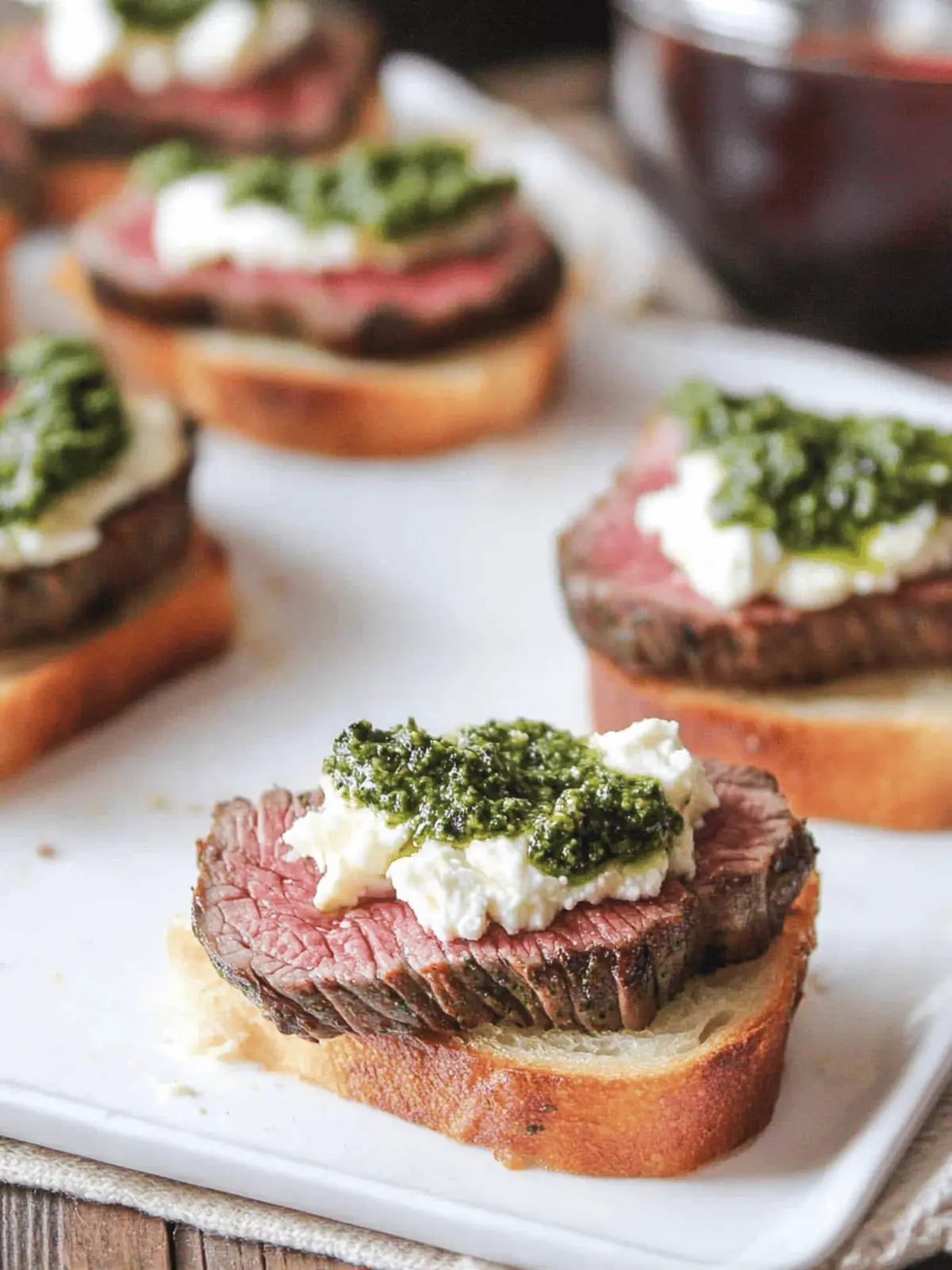 Beef Tenderloin Crostini with Whipped Goat Cheese and Pesto
